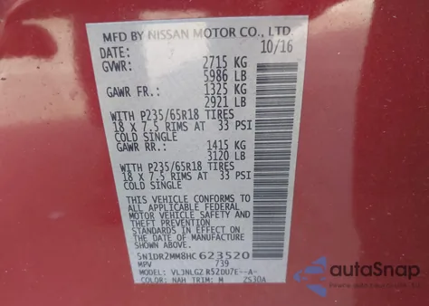 2017 Nissan Pathfinder Sl z USA, uszkodzony, nr VIN 5N1DR2MM8HC623520